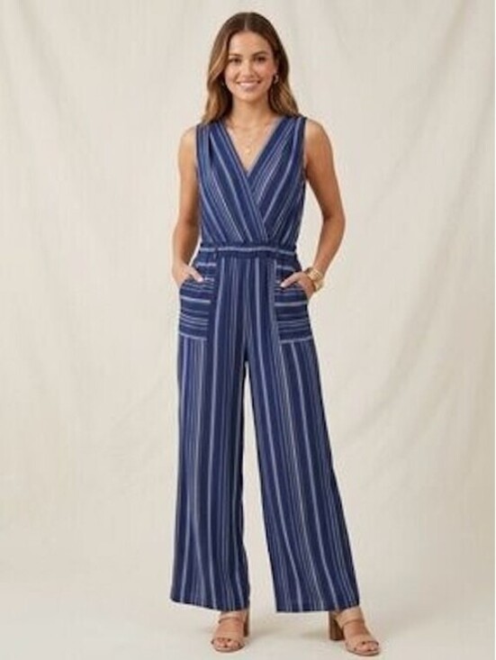 Monteau Pants - Monteau Los Angeles Jumpsuit Womens M Blue Striped Wide Leg Surplice Pockets